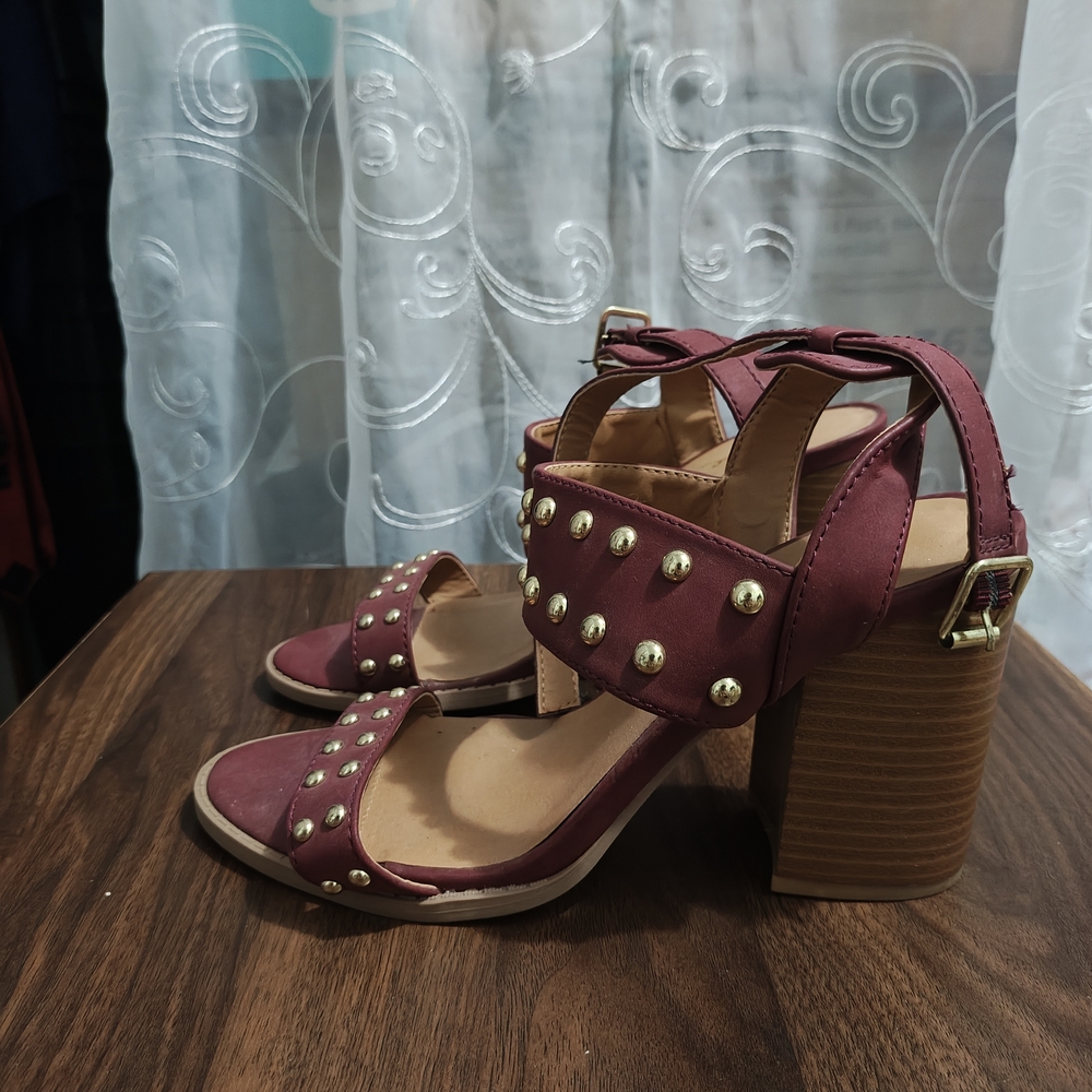 Qupid Burgundy Studded Block Heels